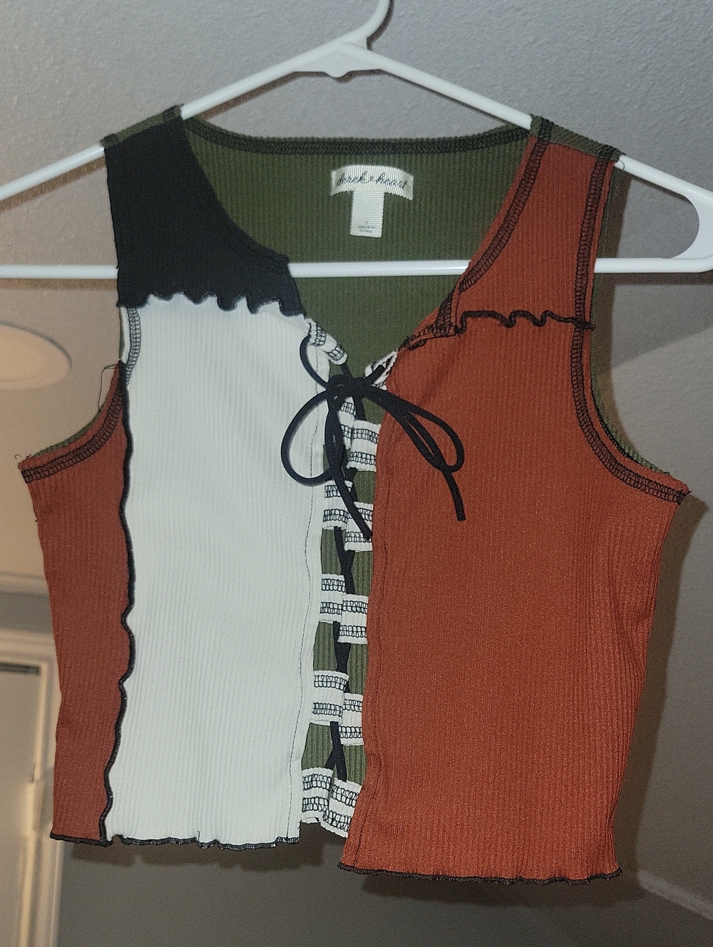 Patchwork Lace-Up Ribbed Tank with Rust, Olive & Cream Panels